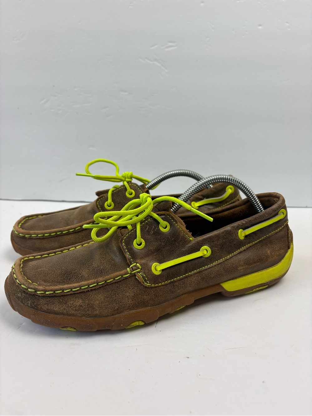 Twisted X MDM0018 Neon Yellow Brown Leather Driving Moc Shoes Men’s Size 9.5 M